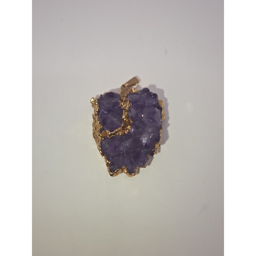 Raw Amethyst Crystal Cluster Pendant Heart Shaped Gold Toned Casing Edge